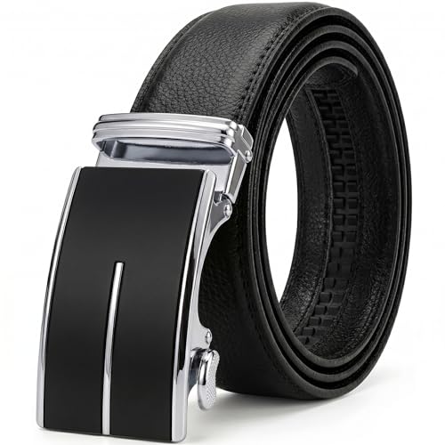 Image of JINIU Men's Ratchet Belt Buckle, Black Genuine Leather Slide Belt for Men Dress Suit, Micro Adjustable Trim to Fit Boxed