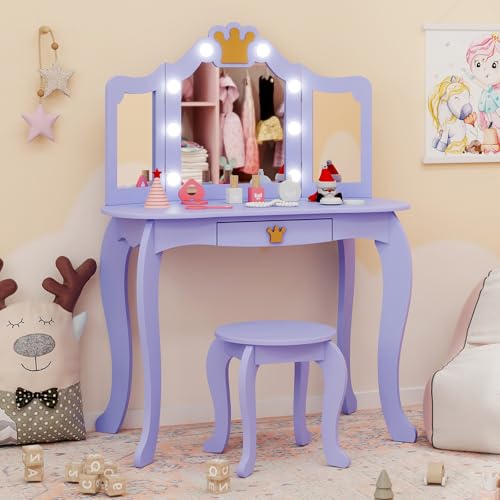 Image of KOTEK Kids Vanity with Lights, Crown Girls Vanity Set w /Tri-Folding Mirror, Detachable Top, Stool & Drawer, Wooden Toddler Makeup Dressing Table, Kids Vanity Table and Chair Set (Violet)