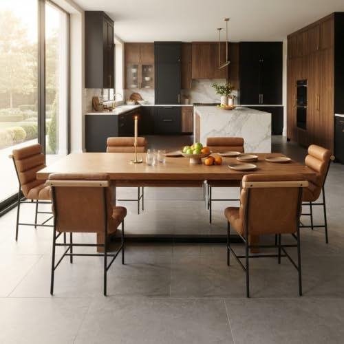 Hyfirm Mid Century Modern Upholstered Dining Chairs with Metal Legs Set of 6, Brown Leather