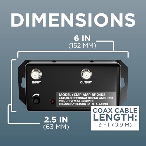 THE CIMPLE CO - TV Antenna Amplifier Kit with Coax - Digital TV Signal Booster with RG6 Coaxial Cable - Adjustable Gain, 24 dB Distribution, NTSC, ATSC, FM, UHF, VHF, 1000 MHz - Indoor Use Only