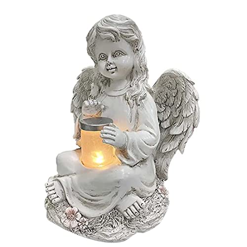 Liummrcy Statuette de Fée Ange avec Lumière Solaire - Figurine de Jardin en Résine - Décoration Gardien Angel