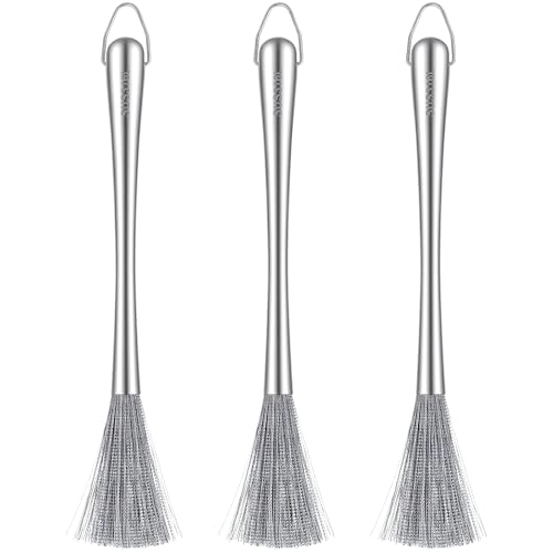 3 Pieces Stainless Steel Dish Brush with Handle, Metal Steel Wool Scrubber for Cast Iron, Cookware, Pot, Pan, Grill, Griddle, Stoves, Sink, Kitchen Scrub Brush for Cleaning