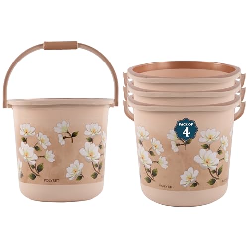 Image of Heart Home 4 Pcs Plastic 18 Ltr Bucket for Bathroom | Sturdy and Easy Grip Handle | Big Bucket for Bathing & Household Chores | Floral Print - Brown