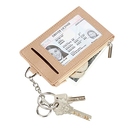 Image of Women & Men Keychain 7 Card Slots Card Holder Case Zipper Slim Minimalist Front Pocket Wallet with 2 ID Window, Champagne Gold, 7 Cards, Minimalist