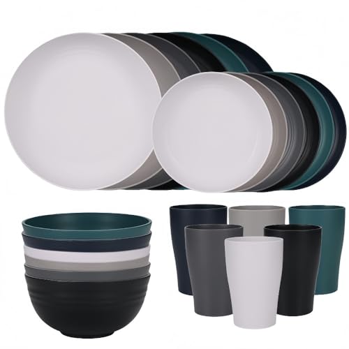 Yobuisg キッチン 小麦わら食器セット 4人用 16ピースディナープレート デザートプレート シリアルボウル カップ 壊れないプラスチック アウトドア キャンプ用皿 プラスチック 麦わら食器セット 壊れないモダンディ (ミックスカラー,24)