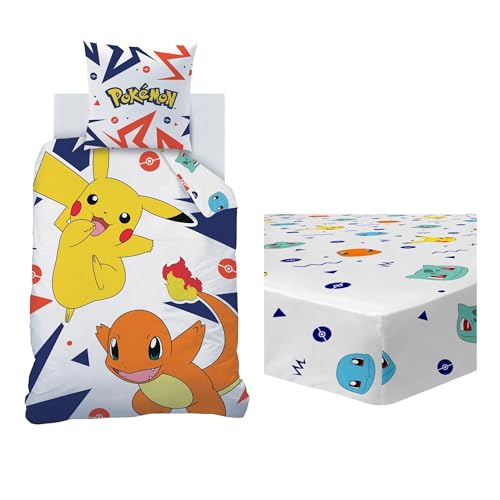 Pokémon Ziggy Ensemble Parure de Lit et Drap Housse Enfant | 100% Coton | Oeko-TEX | Housse de Couette 140x200cm + 1 Taie d'oreiller 63x63cm + 1 Drap Housse...