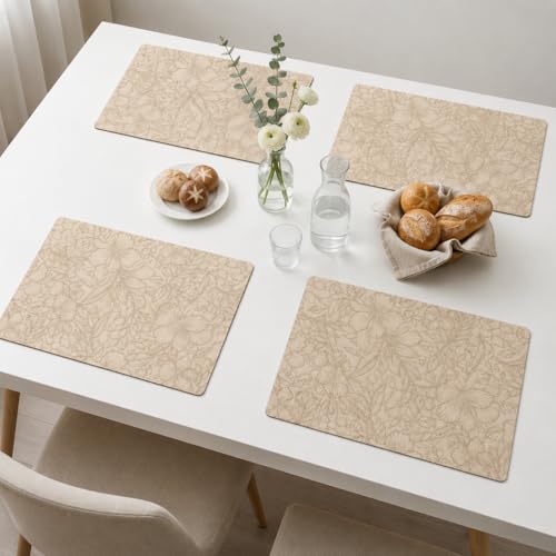 Image of Yelona Premium Faux Leather Placemat Set of 4 | Printed Floral Design, Waterproof & Heat Resistant Table Mat | Non-Slip, Washable for Dining, Kitchen & Home Decor (Beige, 43 x 30 cm)