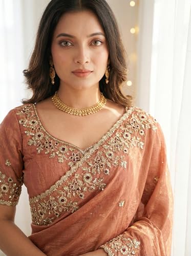 Image of ORHANS Women's Tissue Silk Ethnic Motifs Embroidered Tissue Heavy Work Saree with Embroidered With Unstitched Blouse Piece Blouse Piece | Beautiful Saree for Women | Traditional Indian Sari