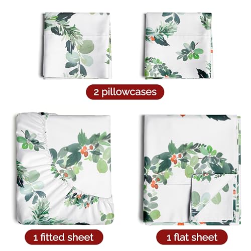 King Christmas Holiday Wreath Sheet Set - Holiday Xmas Pattern Bedding Set - Deep Pockets - Snug Fit - 4 Piece - Wrinkle Free - Cooling Comfy Festive Winter Holiday Sheets for Women, Men, Kids & Teens