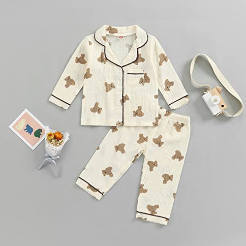 Qiylii Toddler Baby Girl Cotton Linen Button-up Pajamas Bear Print Long Sleeve Kid Sleepwear PJs Set2