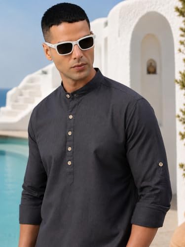 Image of Majestic Man Men's Pure Cotton Solid Mandarin Collar Slim Fit Roll-Up Sleeves Short Kurta Lightweight Summer Kurta for Daily & Occasion Use
