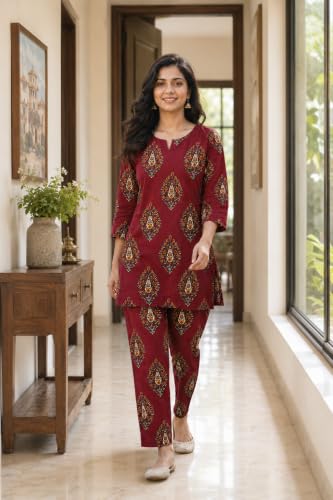 Image of Women's Cotton Night Suit Set, Printed Top and Pyjama, Casual Loungewear Sleepwear for Womens Girls