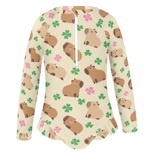 Capybara with Lucky Clover Yellow Girls One Piece Rash Guard Swimsuit, Girls Long Sleeve Swimwear for 3-12Y2
