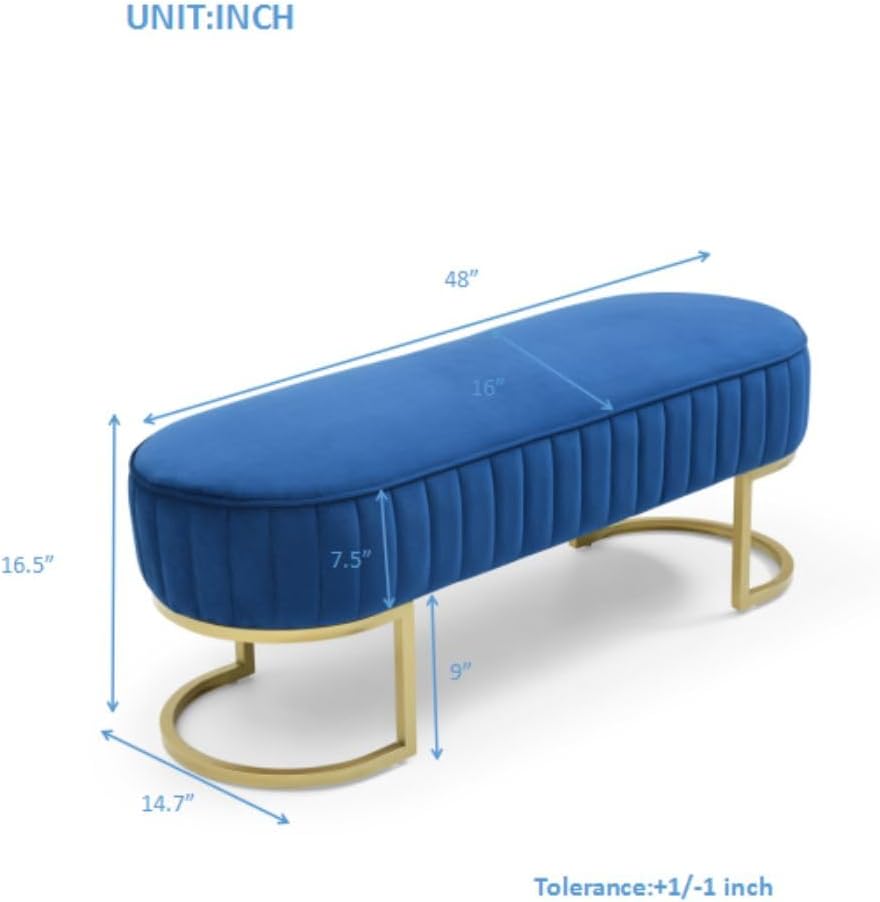 side view of velvet bedroom bench showing curved gold metal legs