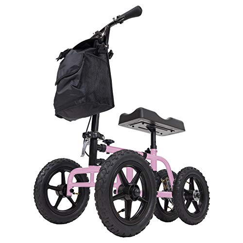 Vive Mobility All Terrain Knee Walker - Steerable Scooter for Broken Leg, Foot, Ankle Injuries - Kneeling Quad Roller Cart - Orthopedic Pad for Adult and Elderly Medical - 4 Wheel Caddy Crutch (Pink)