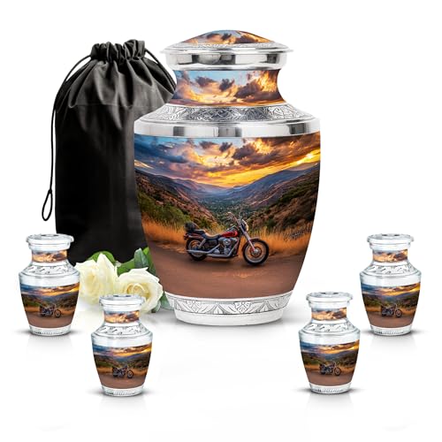 Image of Bike Urn Large Cremation for Adult Men & Women 1 Large & 4 Small | Funeral Urns Ashes, Urns for Adult Male & Female, Large Decorative Urn