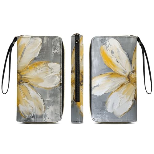 Womens Leather Wallets Yellow And White Flowers Wallet for Women Large Capacity Card Phone Holder Ladies Purse with Wriststrap3