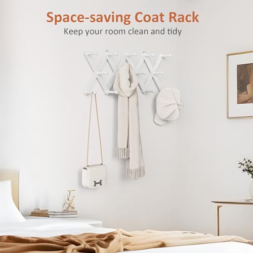 YZSFMZGE Accordion Wall Hanger, Hat Rack for Wall with 14 Coat Hooks, Expandable Hat Hangers Organizer, Vintage Decorative Coat Rack Wall Mount for Purse, Mug (White) by YZSFMZGE - Image 5