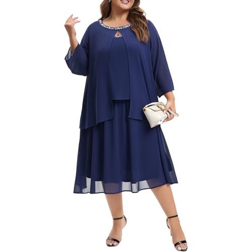 Plus Size Mother of The Bride Chiffon Dress and Jacket 2 Piece Set with Beaded Round Neck for Formal Wedding Guest Outfit