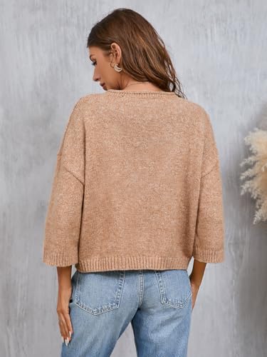 Womens Oversized Lightweight 3/4 Short Sleeve Sweater Spring 2025 Casual Ribbed Knit Crewneck Thin Pullover Top3