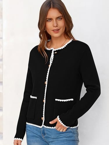 MASCOMODA Open Front Cropped Cardigan Sweaters for Women Fall Dressy Casual Long Sleeve Button Down Knit Tweed Jacket Outwear3