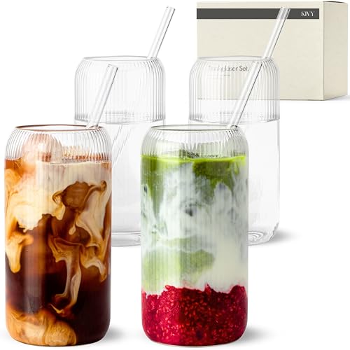 KIVY Geriffelte Gläser 4er Set mit Strohhalm [4x 450ml] - Eiskaffee, Wasser & Matcha Glas - Riffelgläser Aesthetic - Iced Matcha Glas - Cocktailgläser Set - Eiskaffee Gläser geriffelt