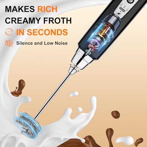 Image of YUSWKO Handheld Milk Frother Wand for Coffee, Rechargeable Electric Whisk with 3 Heads 3 Speeds Drink Mixer Coffee Frother For Latte, Cappuccino, Hot Chocolate, Egg (Without Stand, Light Black)