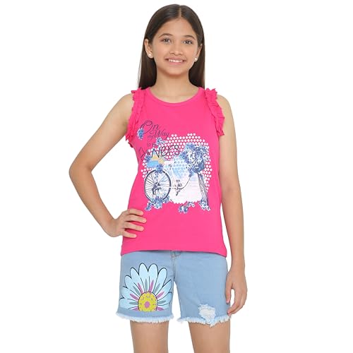 Image of TotzTouch Kids Girls Flowe printed Blue Denim Shorts With Sleeveless Tshirt | Shorts Set | Clothing Set Pack of 1 (3 Years to 15 Years)