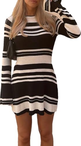 LOUSEA Women's Slim Fit Flared Sleeve Backless Dress Striped Knitted Cocktail Dress Color Block Tie Back Party Dress (Black and White Stripes,S)
