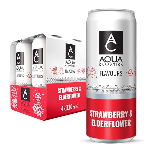 AQUA Carpatica Sparkling Flavours Strawberry & Elderflower 330ml x 4 - Natural Fruit Juice Infused Sparkling Water, No Added Sugar, Naturally Alkaline, Sweetened with Agave Syrup, Rich in Minerals