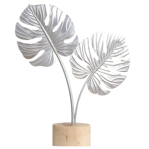 Decoración de Pluma y Hojas de Árbol de Metal – Escultura Moderna en Hierro Forjado con Base de madera – Ornamento de Metal – Colores Azul, Blanco, Dorado, Plateado y Bronce (Hojas de árbol, Plateado)