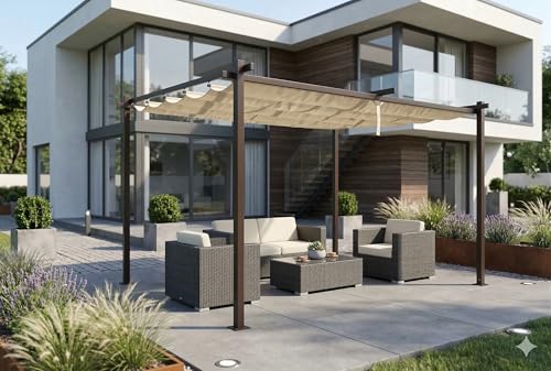 Jet-line Metall Pavillon Luxor Light Pergola Überdachung Markise Freisitz Garten Anthrazit-Beige mit Sonnenschutz UV Schutz 4 x 3 m mit Notüberlauf