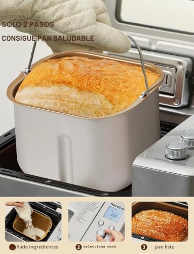 Miniatura 5 de Neretva Panificadora De Pan, 17 Programas 2.2 Lb Panificadora Recipiente De Cerámica Antiadherente Doble Elemento Calentamiento Frutos Secos Dispensador Silenciosa Gluten Pan De Levadura Natural