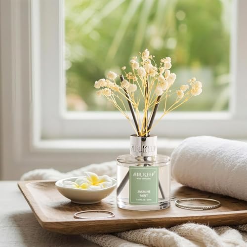 Image of Airkeep Reed Diffuser Set,1.69 fl oz (50 ml) - Jasmine Mint Oil Diffusers with 8 Reed Sticks,Home Fragrance Reed Diffuser for Bathroom Shelf Decor