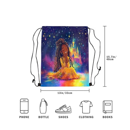 Image of jejeloiu Cute Black Drawstring Backpack 13x15.7inch African American Waterproof Gym Drawstring Bags Princess Theme Sports String Backpack Beach Swim Travel Bag Sackpack(N