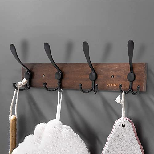Coat Rack Wall Mount 4 Tri Hooks, Coat Hook Heavy Duty, Wall Hooks for Coats Pine Wooden Wall Mounted Coat Rack for Hat Towel Robes Bathroom Entryway Weathered Brown