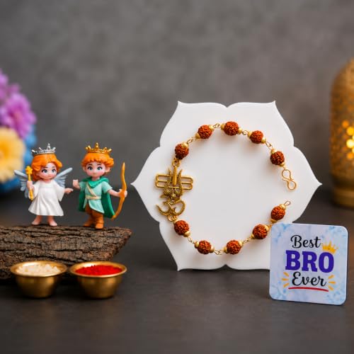 Image of ecraftindia Rudraksha Om Trishul Rakhi Gift Set for Brother | Designer Rudraksha Rakhi with Best Bro Ever Fridge Magnet, Angel & Prince Showpieces and Roli Chawal | Raksha Bandhan Gift Combo