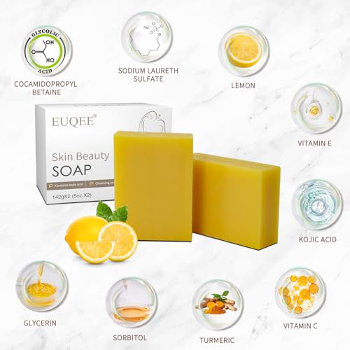 EUQEE Lemon Kojic Acid Soap, 5 oz Soap Bars with Vitamin C, Turmeric, Lemon, Vitamin E for Skin Beauty Remove Skin Impurities and Experience Deep Skin Cleansing with a Foaming Net - 142g x 2 Bars