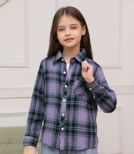 Image of SANGTREE Women and Girls Long Sleeve Flannel Casual Button Down Plaid Shirt