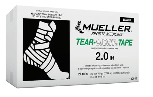 MUELLER Sports Medicine Tear-Light Tape, Lightweight Adhesive Athletic Tape, Easy to Tear for Fast & Affective Taping, Latex Free, 2' x 7.5 Yards Per Roll, 24 Rolls, Black