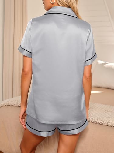 Image of LILLUSORY Silk Satin Pajama Set for Women Summer Two Piece Fall Lounge Pjs | Cozy Matching Sleepwear, Short Sleeve Button Down Shirt and Shorts, Soft Loungewear with Pocket, Cute Trendy Clothing