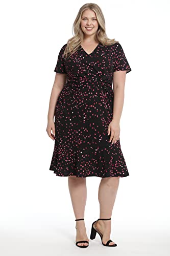 London Times Women's Plus Size V-Neck Polished Flounce Hem Twist Waist Detail Feminine Office Event Guest Of, Black/Dubarry #TOP4