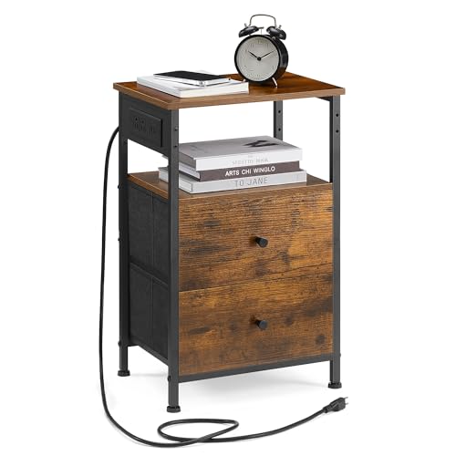 VASAGLE Nightstand with Charging Station, Night Stand, Side Table with 2 Drawers and 1 Open Shelf, Fabric Drawers with MDF Front, End Table, Rustic Brown and Classic Black