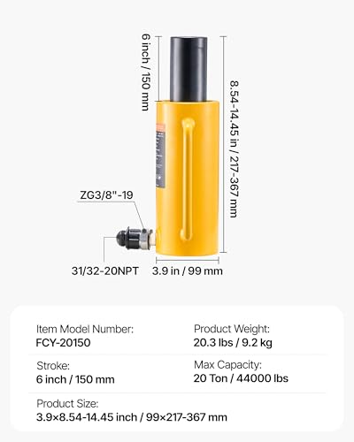 Image of VEVOR Hydraulic Cylinder Jack, 20 Ton Solid Ram Hydraulic Cylinder, 6 Inch Stroke Single Acting Hydraulic Cylinder, with Quick Connector Portable Hydraulic Solid Jack Hydraulic Lifting Cylinders