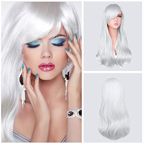 Aomig Long Wavy White wig, 3 Pack with Sunglass & Cap, Natural Full Curly Anime Cosplay Wig with Bangs - Image 3