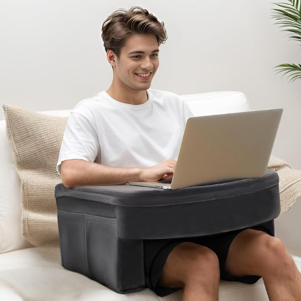 CUSHIO Lap Desk Pillow for Working on Laptop, Reading & Gaming | Ergonomic Desk Table with Arm Rest | Perfect for Using on Bed, Sofa & Floor (Grey)