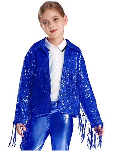 easyforever Kids Girls Sequins Fringed Long Sleeve Open Front Jacket Jazz Disco Dance Coat Cardigan Performance Outwear