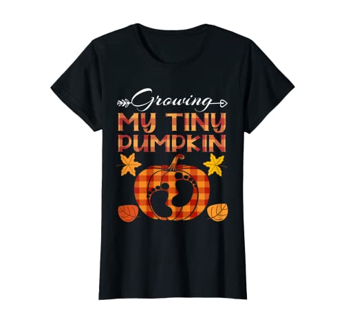 Mujer Creciendo mi pequeña calabaza Acción de Gracias Embarazo Anuncio Camiseta
