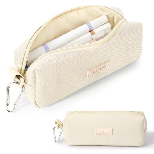 Image of SUNEE Small Pencil Case for Girls & Boys, Pencil Pouch Pen Bag Coin Pouch with Durable Oxford Fabric Marker Pen Case for School Supplies Office Stationery Organizer, Beige