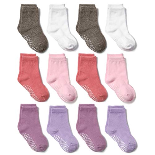 Epeius 12 Pairs Baby Non-Slip Crew Socks with Grips for Toddlers Little Boys Girls Infants Kids anti-Skid Value Pack,6-12 Months,White/Grey/Pink/Purple